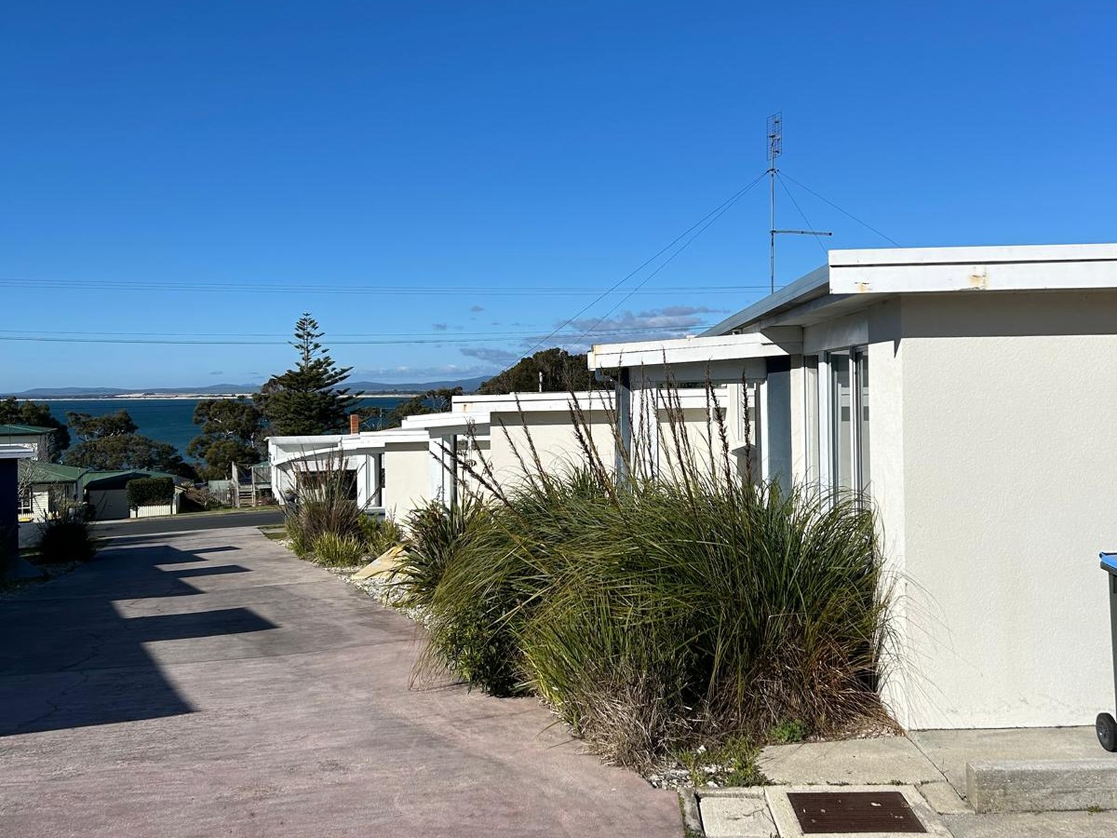 The apartments in a row along the driveway, with Anderson Bay beyond