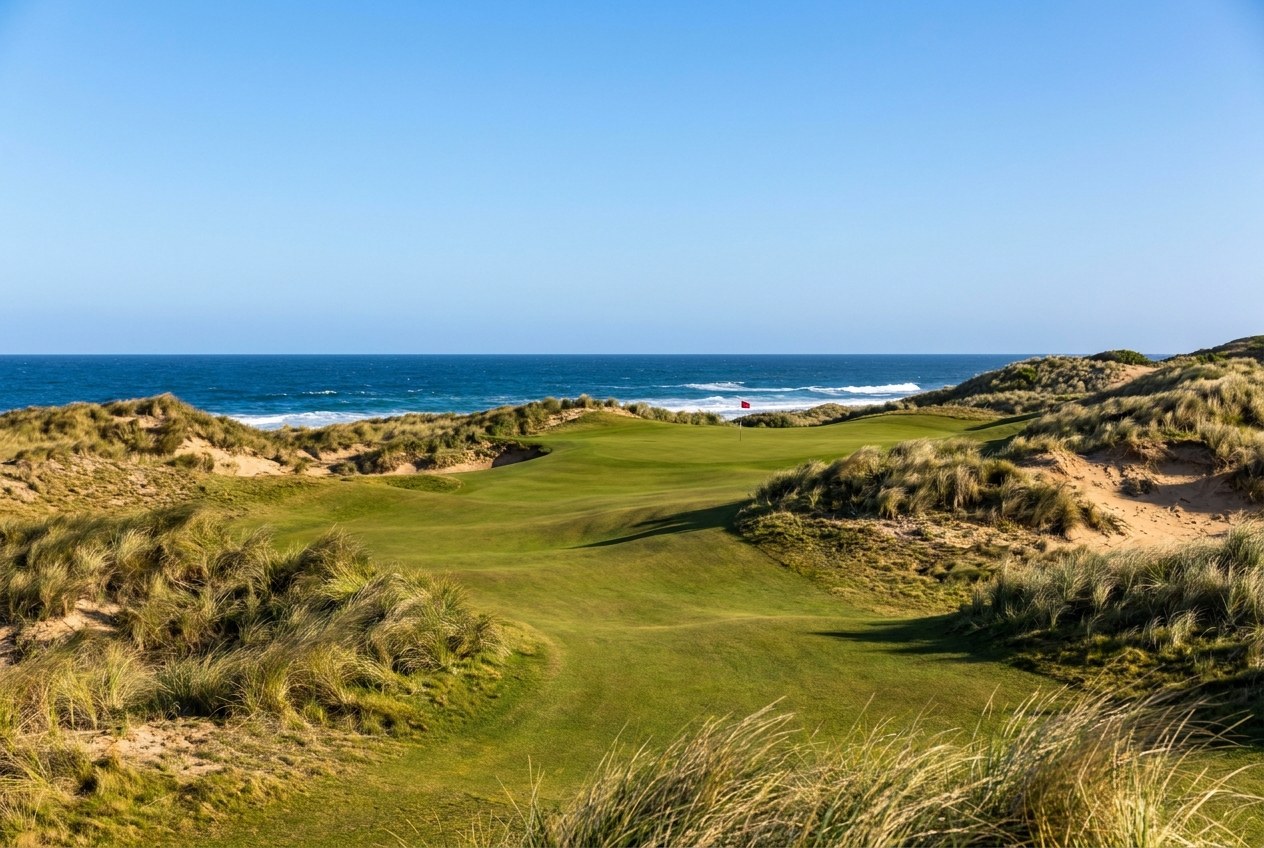 Links golf fairway winding through coastal dunes toward the ocean